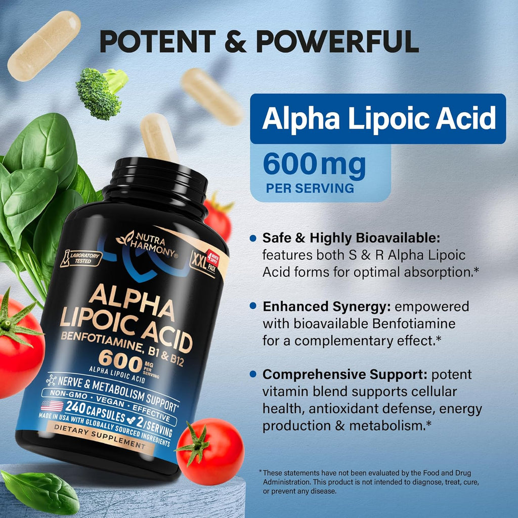 Alpha Lipoic Acid 600mg - ALA Supplement Antioxidant for Nerve, Energy & Metabolism Support - Extra Strength with Benfotiamine, Vitamins B1 & B12 - Lab Tested, Non-GMO & Vegan - 240 Capsules