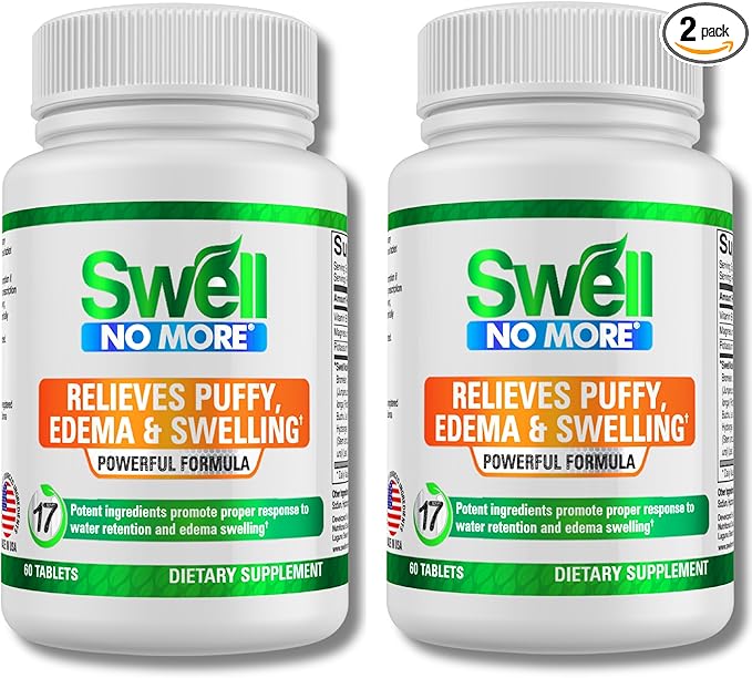 SwellNoMore Natural Supplement Reduces Water Retention, Bloating, Puffy Eyes, Swollen Feet, Swollen Legs, Swollen Ankles & Other Types of Edema & Swelling, Fast & Naturally 2 Pack/2 Month Supply (2)
