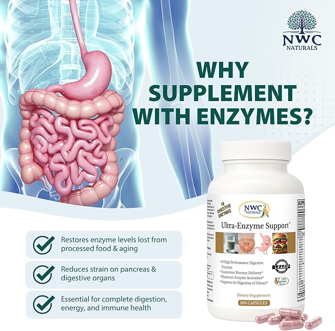 NWC Naturals Ultra-Enzyme Support, Natural Digestive Supplement, Promotes Optimal Health and Digestion, 200 count Capsules