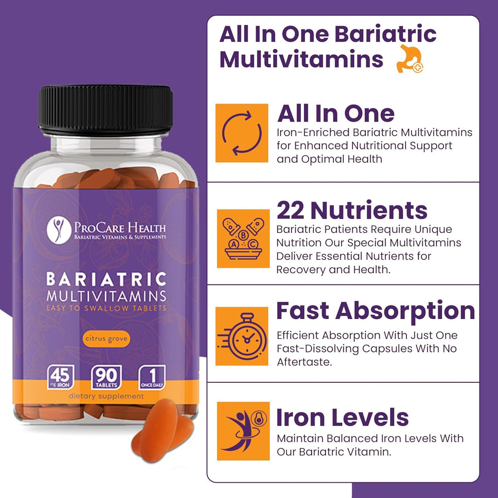 ProCare Health Bariatric Multivitamin with Iron 45mg (90 Easy to Swallow Tablets) - Post Op Bariatric Vitamins for Gastric Bypass Pills for Sleeve Patients, Sustains Recovery & Energy (3 Month Supply)