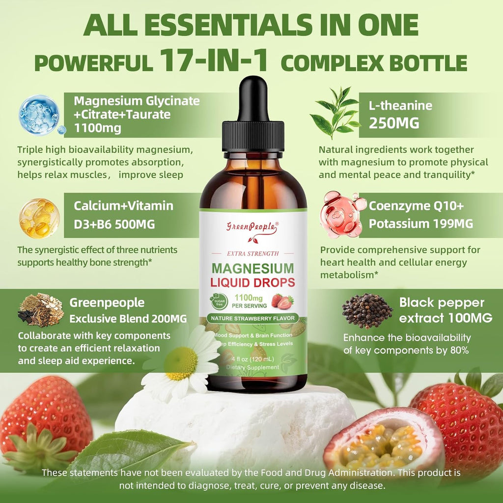 GREENPEOPLE Magnesium Glycinate Liquid Drop - 17-in-1 Triple Absorption Magnesium Supplement with Magnesium Glycinate 400mg & Citrate 500mg for Muscle & Sleep,4 fl. oz Strawberry Flavor-2 Pack