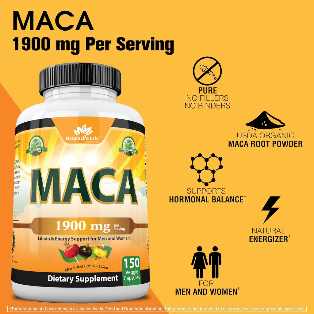 Organic Maca Root – Black, Red & Yellow – 1900 mg per Serving – 150 Vegan Capsules – Gelatinized Peruvian Maca – Non-GMO – Libido & Energy Support for Men and Women
