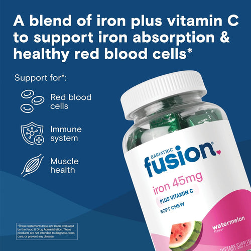 Bariatric Fusion Iron Supplement for Women Anemia | Chewable Iron with Vitamin C | Watermelon Flavored Soft Chew | Gentle on Stomach Ferrous Fumarate for Women and Men | Gluten Free | 60 Count