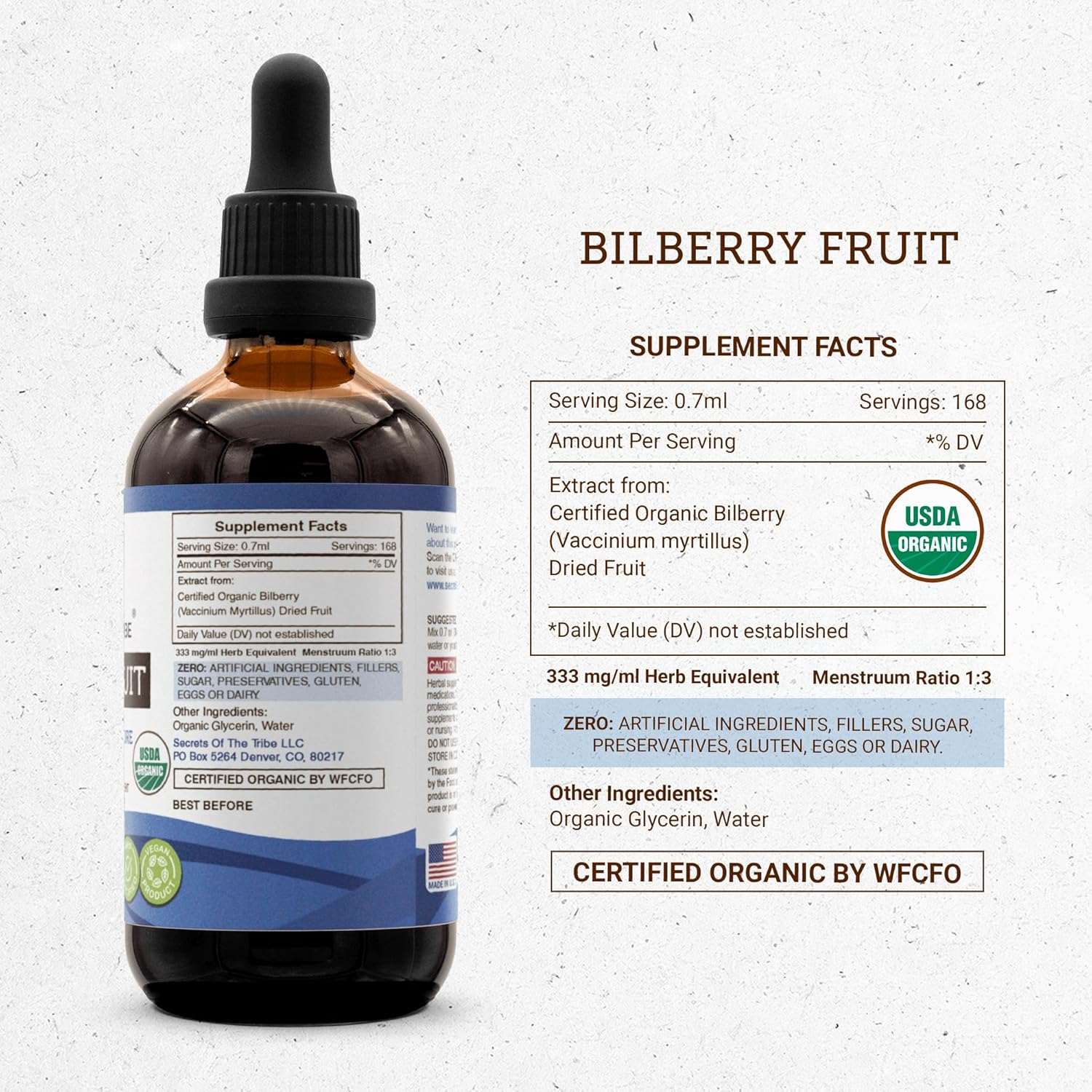 Secrets of the Tribe Bilberry Fruit USDA Organic | Alcohol-Free Extract, High-Potency Herbal Drops, Vision | Made from 100% Certified Organic Bilberry (Vaccinium Myrtillus) Dried Fruit 4 oz