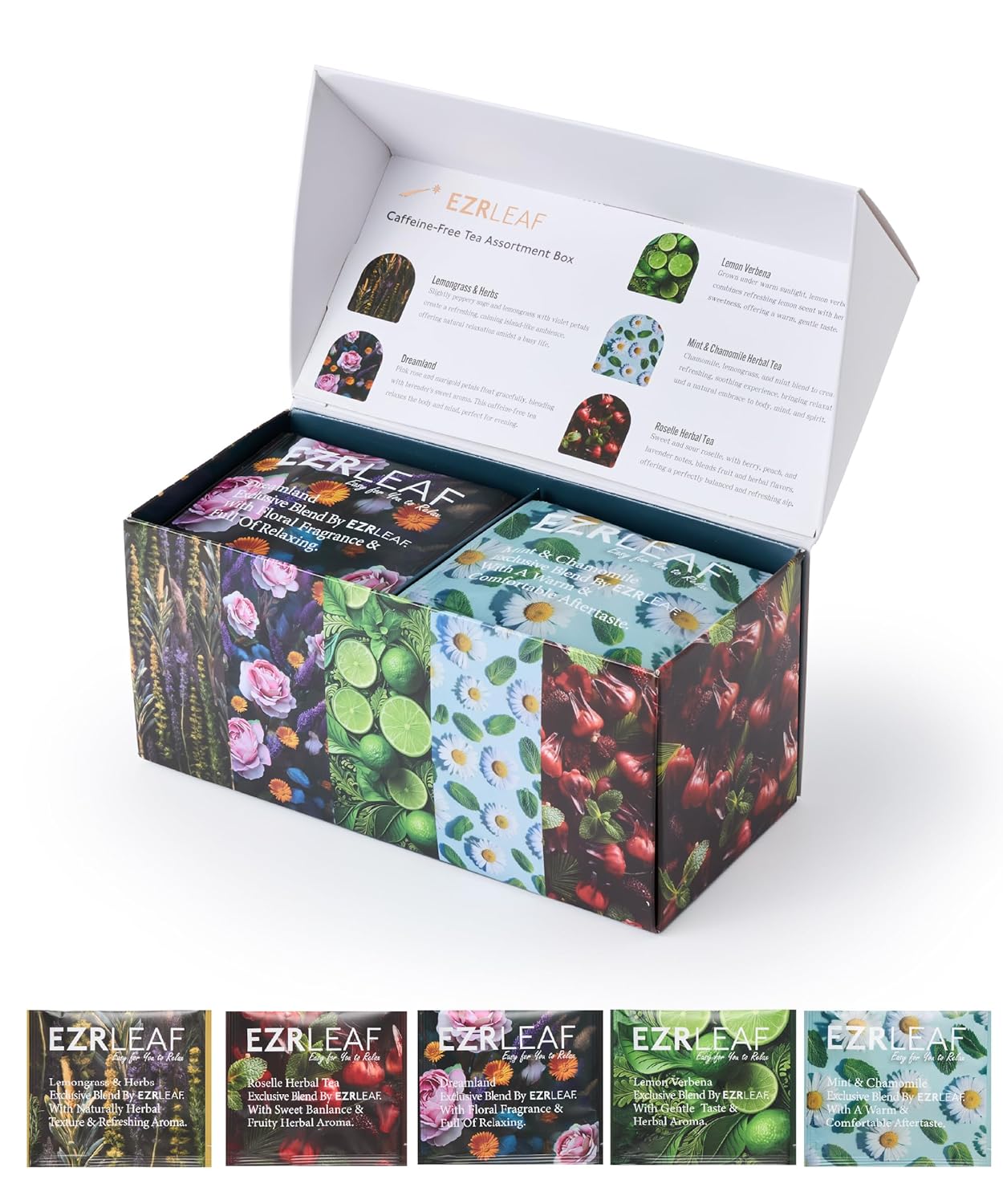 Decaf Herbal Tea Sampler – EZR Leaf 22ct Caffeine-Free Pyramid Bags, Assorted Fruit & Floral Blends with Lemon Verbena, Chamomile Mint, Dreamland, Roselle – Variety Tea Gift Set for Tea Lovers