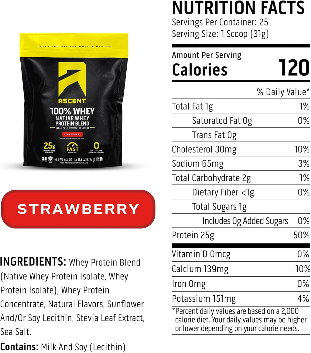 Ascent 100% Whey Protein Powder - Post Workout Whey Protein Isolate, Zero Artificial Flavors & Sweeteners, Gluten Free, 5.5g BCAA, 2.6g Leucine, Essential Amino Acids, Strawberry 1.7 lb