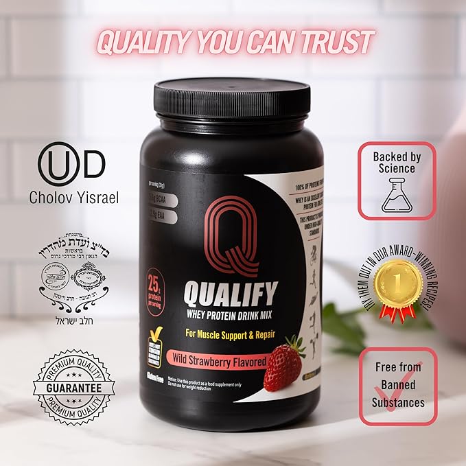 Strawberry Whey Protein Powder. 25g Protein Shake for Post Workout Recovery, Smoothie & Baking. Gluten & Sugar Free, Highly Kosher, Essential Amino Acids (5.5g BCAA, 2.7g Leucine), 1.65lbs 23 Servings