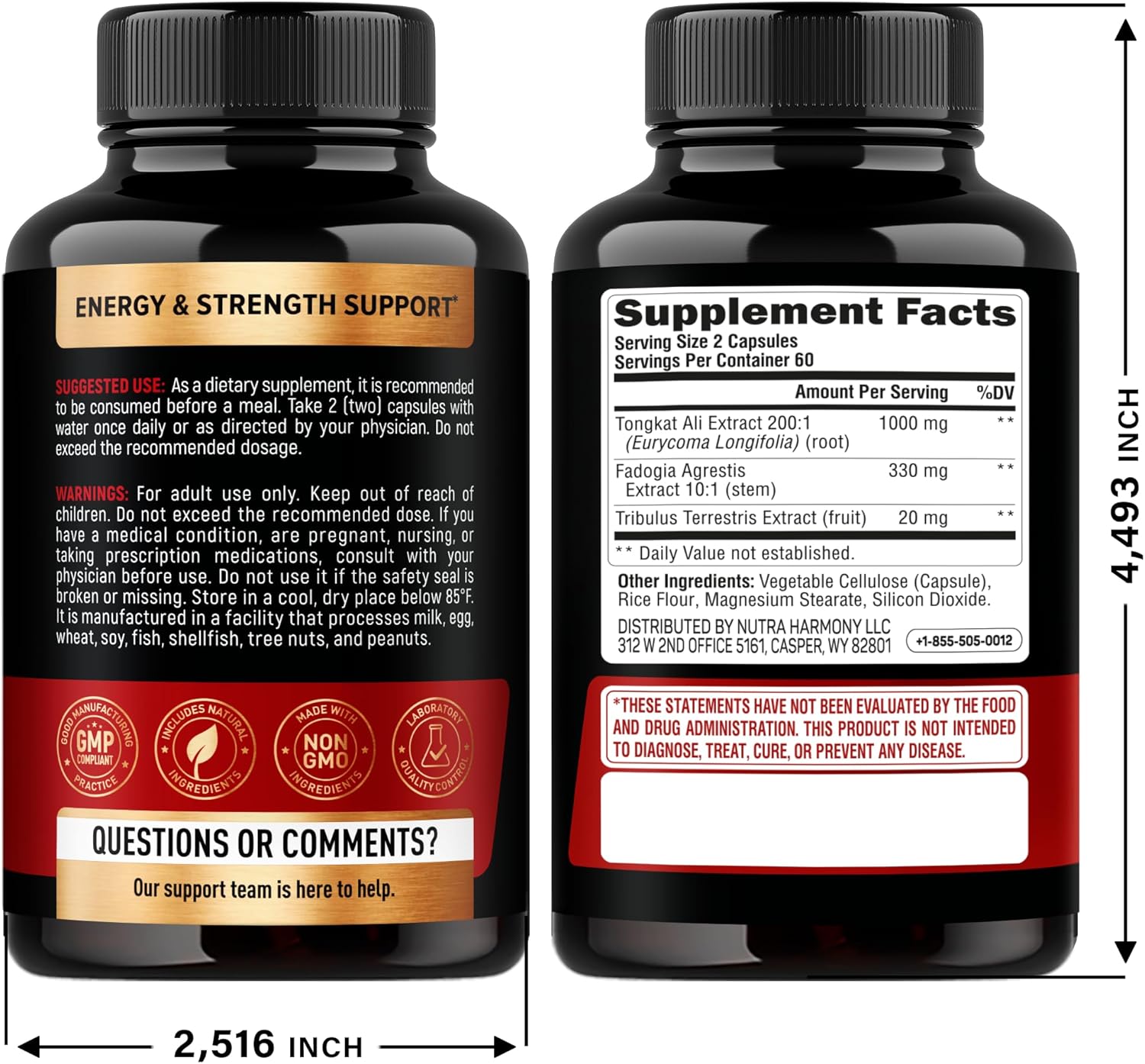 Tongkat Ali Men 1350mg Complex - Fadogia Agrestis | Tribulus Terrestris - Energy, Strength & Performance Support - Extra Strength 200:1 Extract - 3rd Party Tested, Made in USA - 120 Capsules / 2 Month