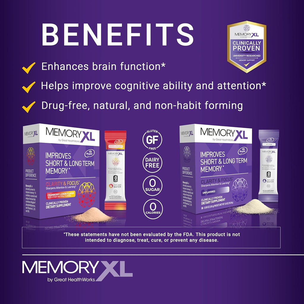 MemoryXL, Magnesium L-Threonate: Brain Supplement for Memory & Focus; Magtein®, Phosphatidylserine, Vitamin Mix. Improves Memory Focus Attention Learning & Logic. 0 Sugar, 0 Cal, 30pk Unflavored