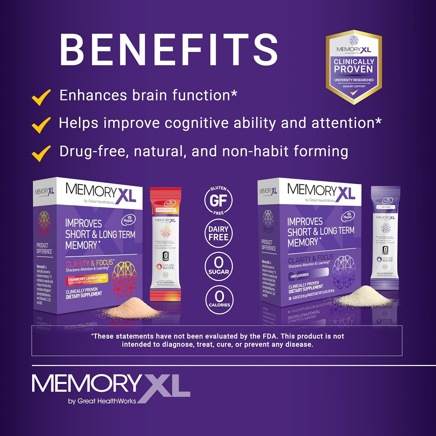 MemoryXL, Magnesium L-Threonate: Brain Supplement for Memory & Focus; Magtein®, Phosphatidylserine, Vitamin Mix. Improves Memory Focus Attention Learning & Logic. 0 Sugar, 0 Cal, 30pk Cranberry Lemon