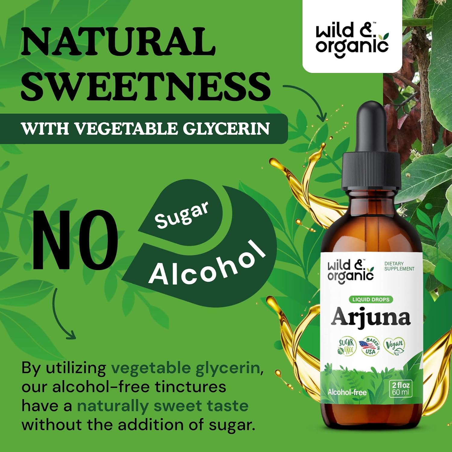 Wild & Organic Arjuna Tincture - Overall & Antioxidant Support Supplement - Terminalia Arjuna Bark Extract Drops - Vegan, Sugar & Alcohol-Free - 2 fl oz
