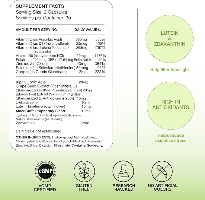 EyeScience Macular Health Formula Advanced Ocular Vitamin - Containing Lutein, Zeaxanthin, Billberry, & Vitamins C, D, E, & B6 (30 Day Supply)
