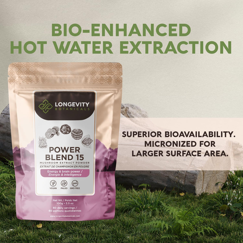 Power 15 Powder Mushroom Blend Supplement 100g | High Strength Extract Complex | With Lions Mane, Turkey Tail, Cordyceps, Reishi, Chaga & Tremella | 20% Beta-D Glucans | Immunity & Vitality Support