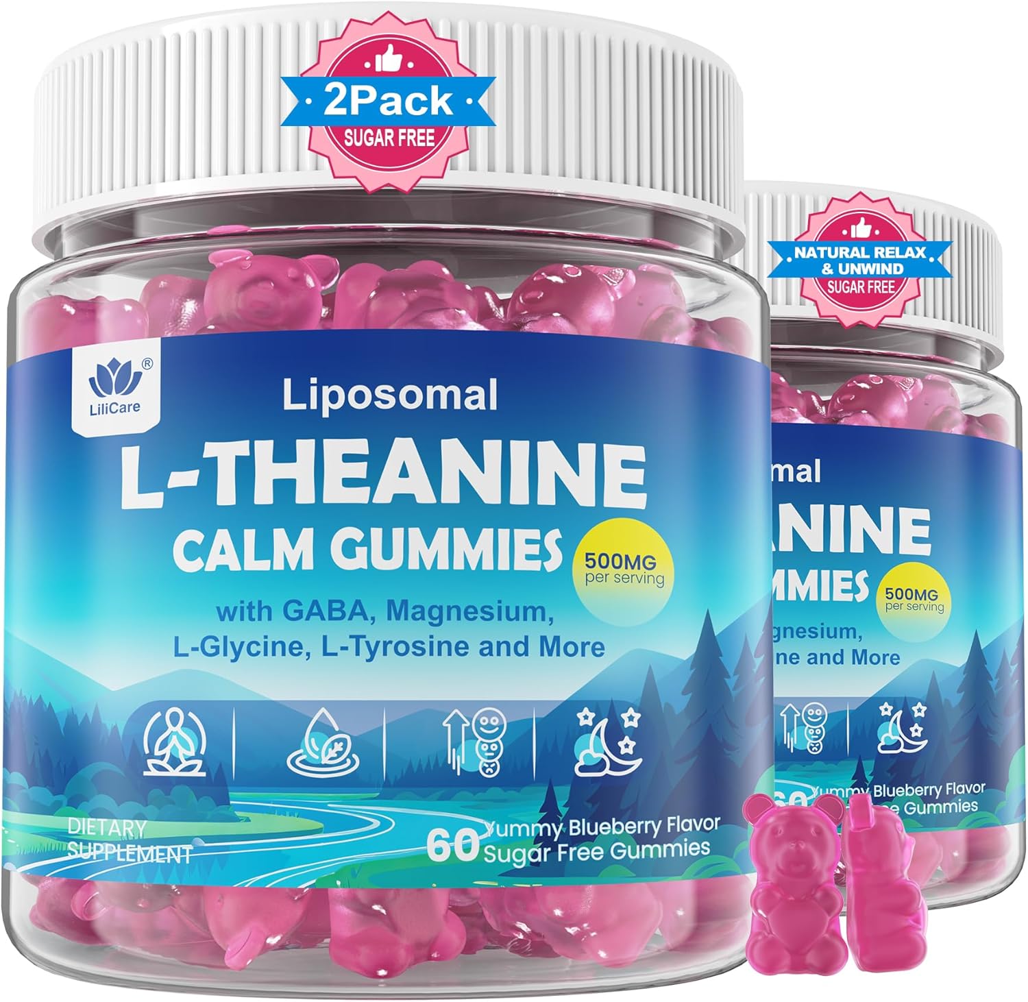 L Theanine Calm Gummies 500mg, Sugar-Free Liposomal L-Theanine Supplement, w/Safforn, Magnesium Glycinate, GABA, Ashwagandha, Algae Omega-3, Vitamin D3 B12, for Brain Calm, Relax, Mood, Zzz, 120Cts