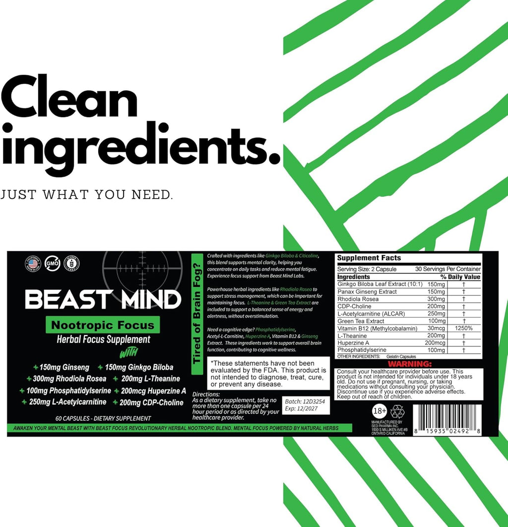 Beast Mind Focus Clarity Nootropic Blend | Ginkgo Biloba | Huperzine A | Rhodiola | Citicoline | L-Theanine | Enhanced Focus & Clarity & Cognitive Function Labs