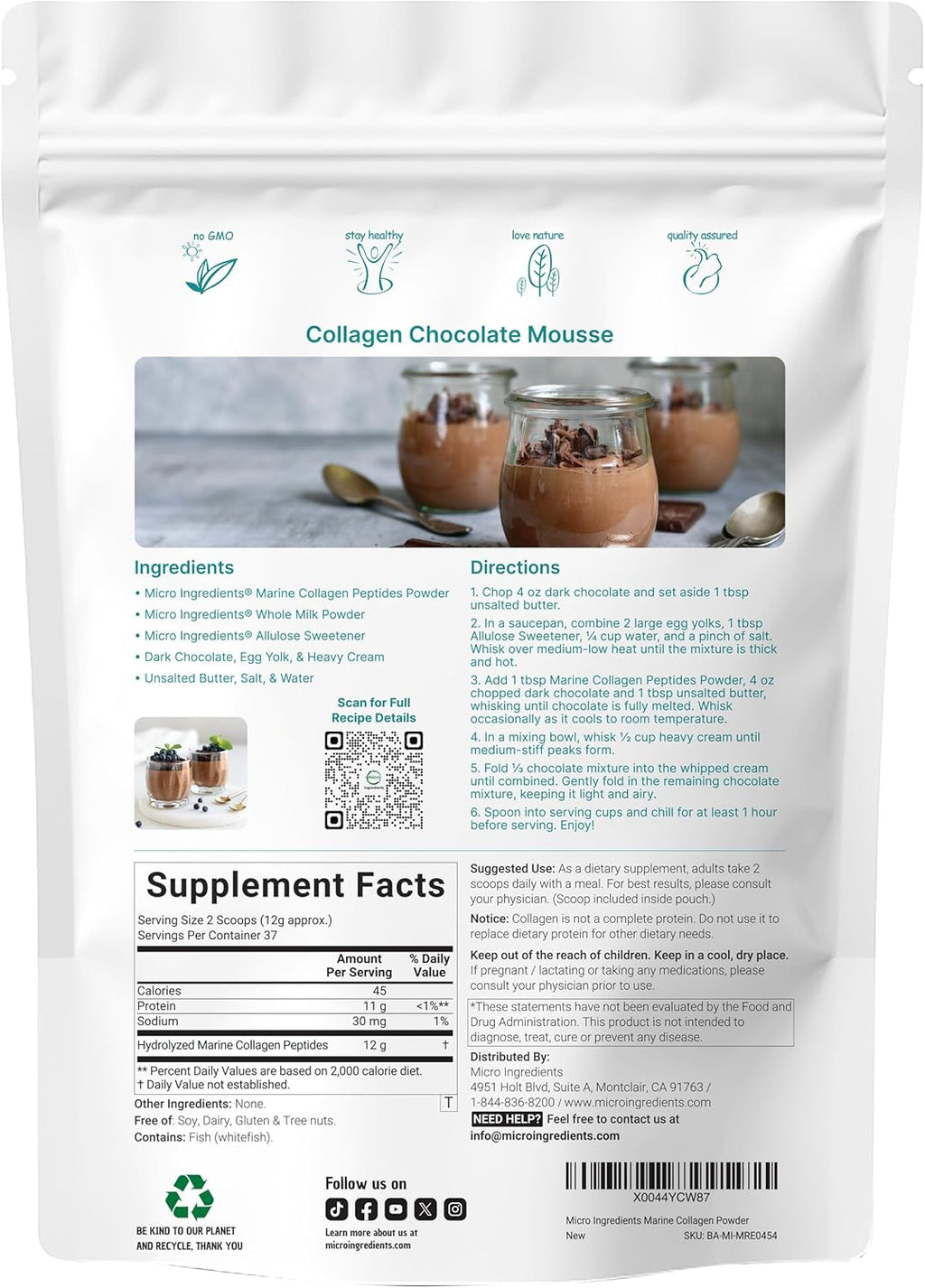 Micro Ingredients Marine Collagen Peptides Powder, 1 lb | Type I Marine Collagen + Natural Protein | Wild-Caught Fish Source | Unflavored | Supports Hair, Skin & Joint Health | Pescatarian, Non-GMO