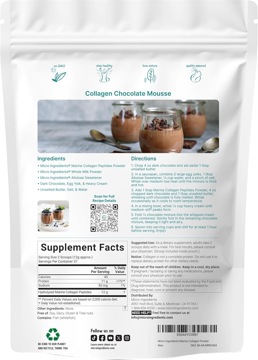 Micro Ingredients Marine Collagen Peptides Powder, 1 lb | Type I Marine Collagen + Natural Protein | Wild-Caught Fish Source | Unflavored | Supports Hair, Skin & Joint Health | Pescatarian, Non-GMO