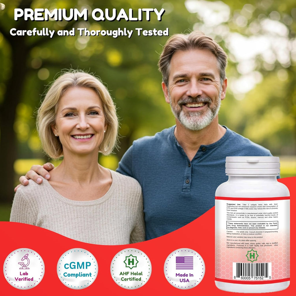 SHIFAA NUTRITION Halal Fish Oil 2000mg Softgels with 360mg EPA & 240mg DHA. 100 Wild Caught & Non-GMO Omega 3 Softgels for Heart & Brain Health. Burpless, Easy-to-Swallow Fish Oil Omega 3 Supplements