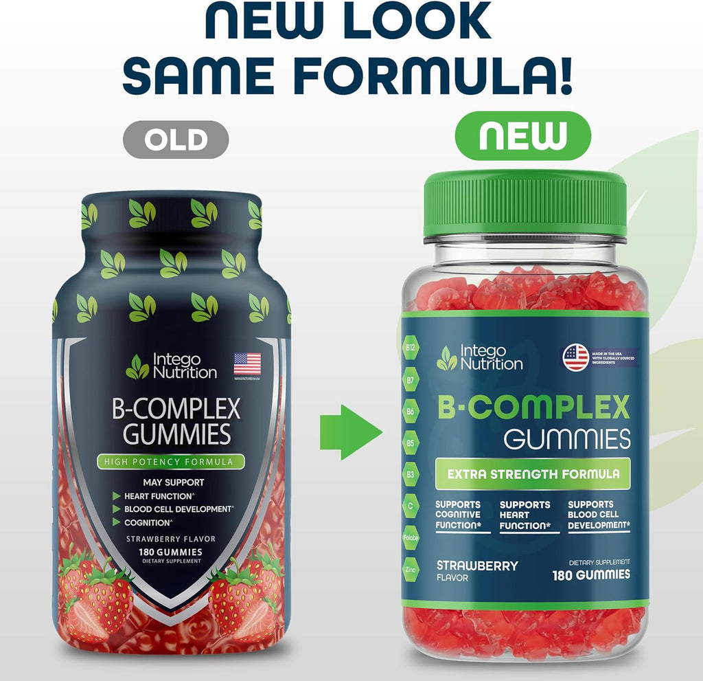 Vitamin B Complex Gummies for Adults, B Complex Vitamin Supplement for Women and Men, B Vitamins Complex Gummies for Energy and Brain Health, Natural Strawberry Flavor, 180 Count