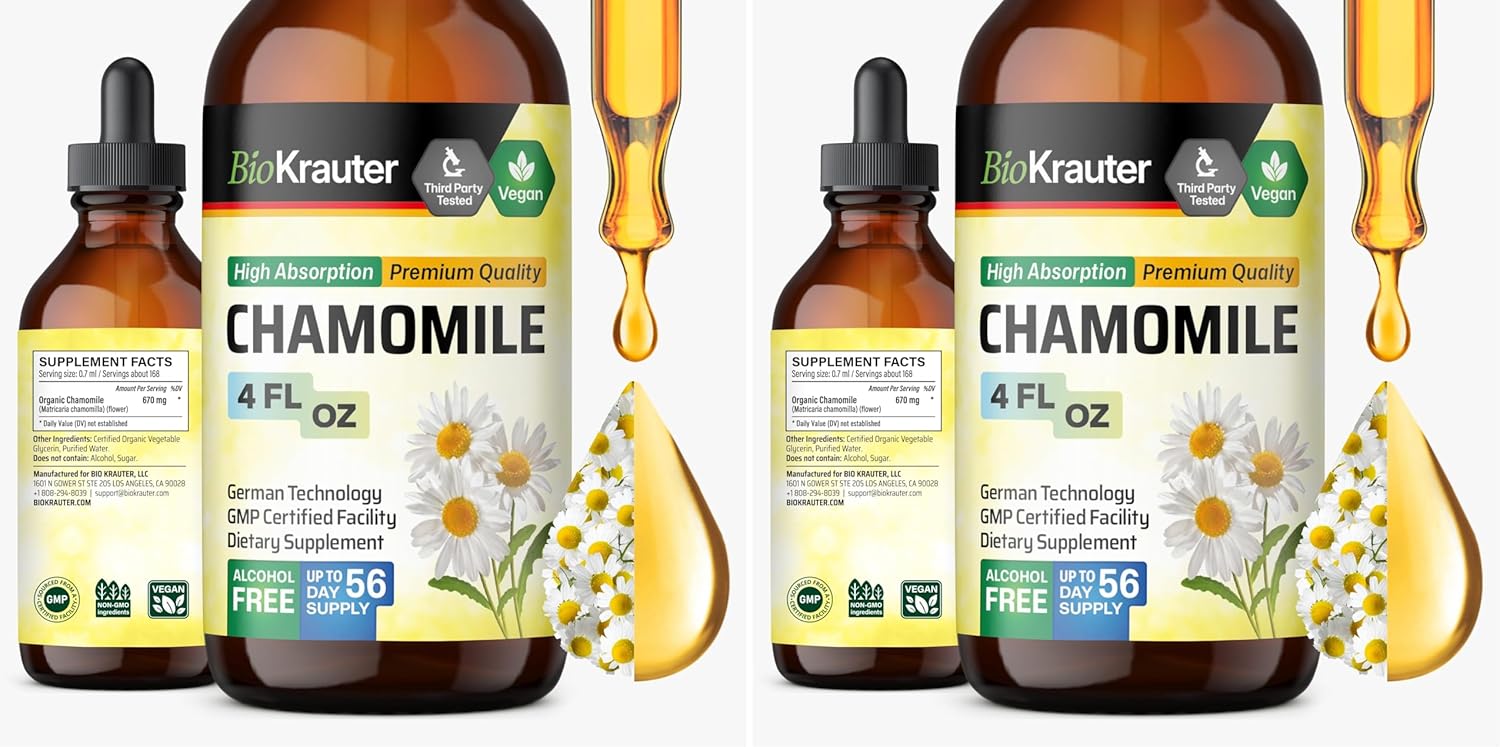 BIO KRAUTER Chamomile Tincture - Chamomile Extract - Supplement for Relaxation and Calmness Support - Alcohol and Sugar Free - Vegan Drops 4 Fl.Oz. (Pack of 2)