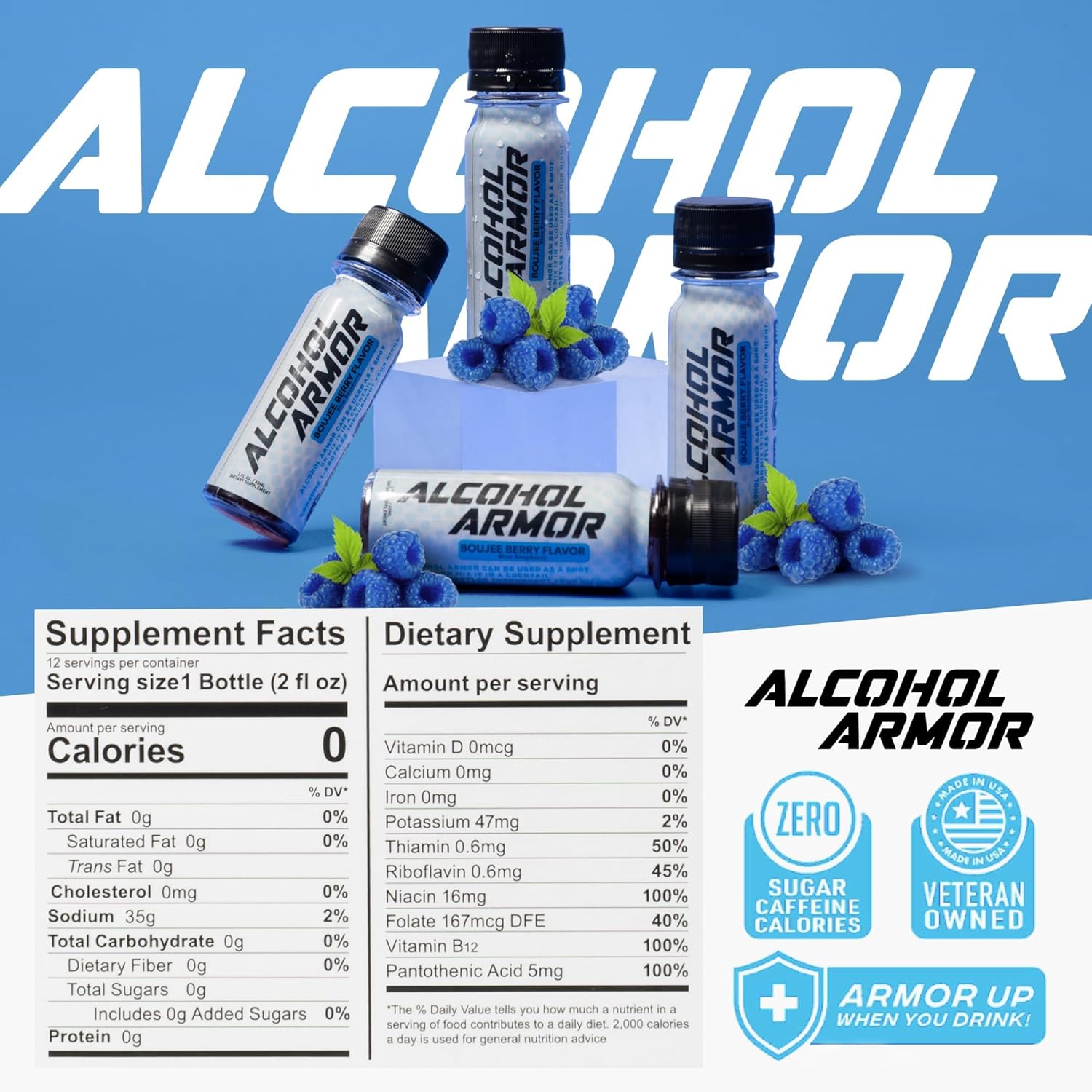 Alcohol Armor Recovery Shot 12-Pack – 2 oz Supplement with Natural DHM, Milk Thistle, Activated Charcoal, Electrolytes & B12 – Dye-Free, Caffeine-Free & Sugar-Free Hydration & Party Support Drink
