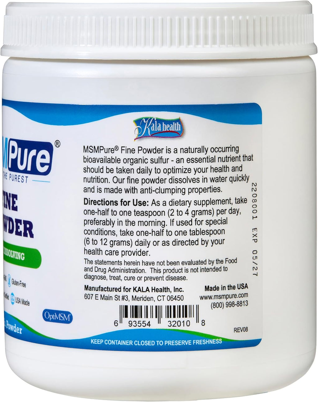 KALA HEALTH MSMPure Fast Dissolving Fine MSM Powder Crystals – US-Made MSM for Joint Health, Skin Appearance, and Hair & Nail Support – 1 lb, Organic Sulfur