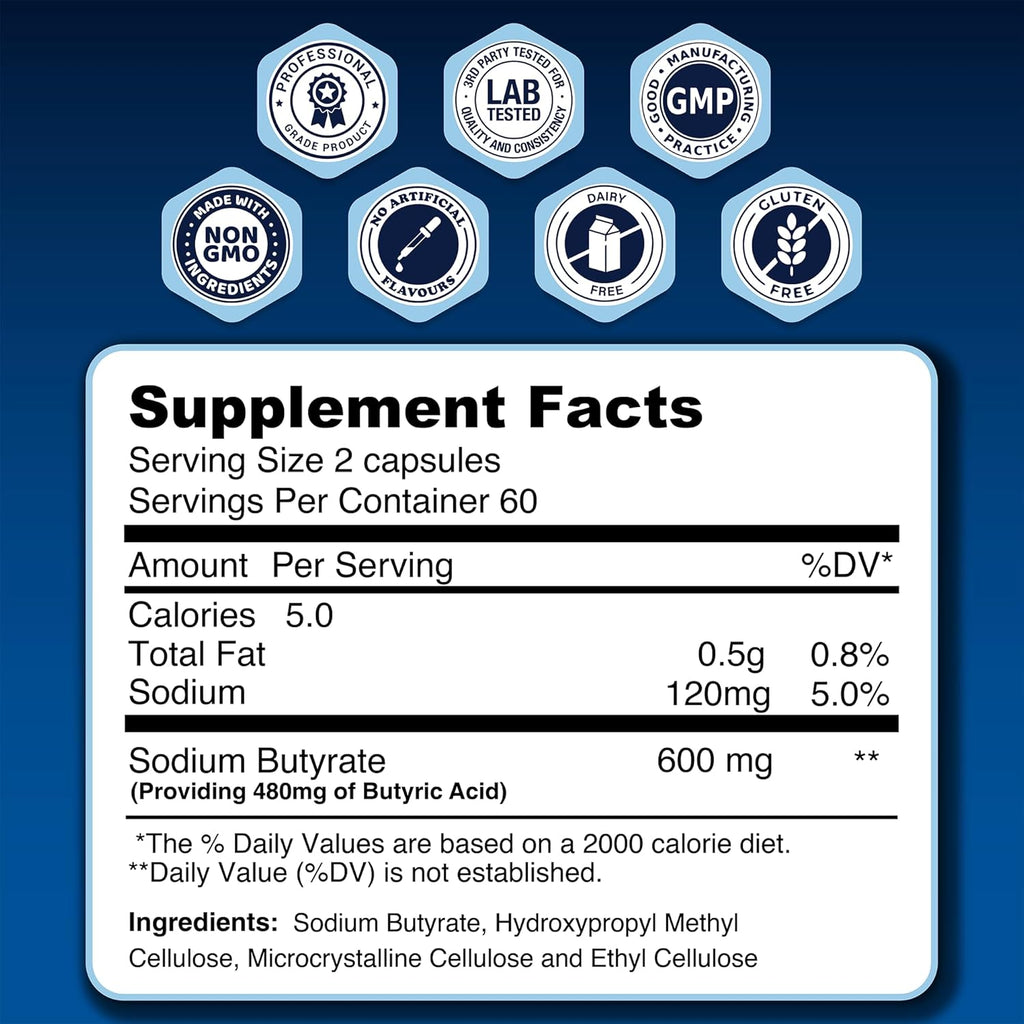 LongJuvity Sodium Butyrate Supplement (300mg) - Naturally Sourced Postbiotic - Optimal Gut Health & Leaky Gut Repair - Postbiotic Short Chain Fatty Acid, Lab Tested (120 Extended Release Caps)