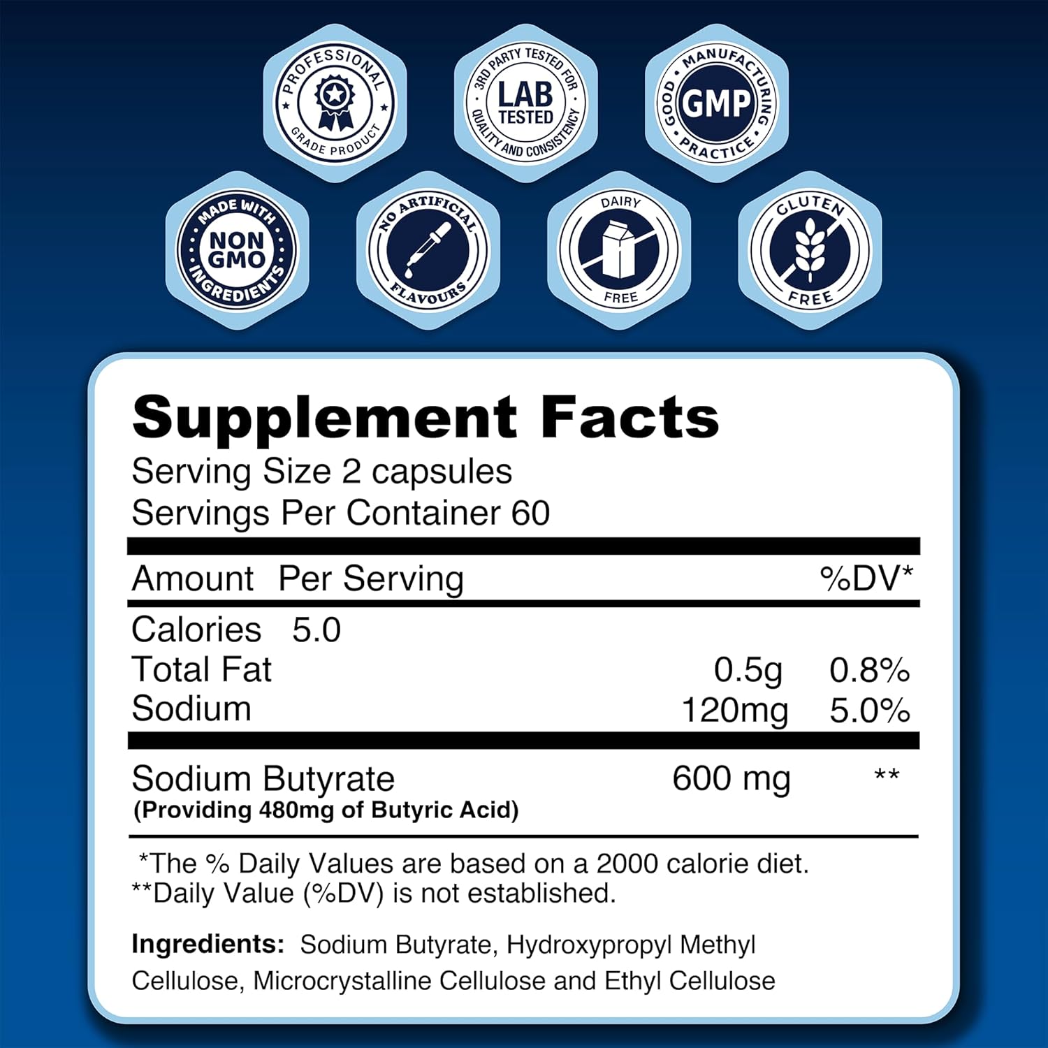 LongJuvity Sodium Butyrate Supplement (300mg) - Naturally Sourced Postbiotic - Optimal Gut Health & Leaky Gut Repair - Postbiotic Short Chain Fatty Acid, Lab Tested (120 Extended Release Caps)