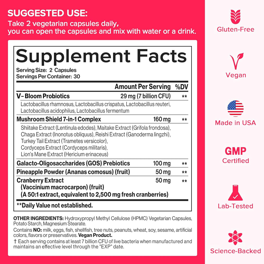 Vaginal Probiotic for Women, PH Balance, Odor, Flora, Immunity with 7B CFU Lactobacillus Probiotics, Prebiotics, 7-in-1 Mushroom Blend, Beta-Glucan, Cranberry, Pineapple, 60 Count