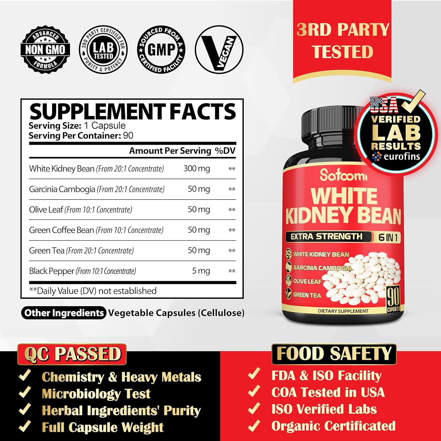 Satoomi 6 in 1 White Kidney Bean Extract Capsules -90 Capsules -3 Month Supply - Extra Blend with Olive Leaf, Green Coffee Bean & Green Tea - Support Carb Scale Down