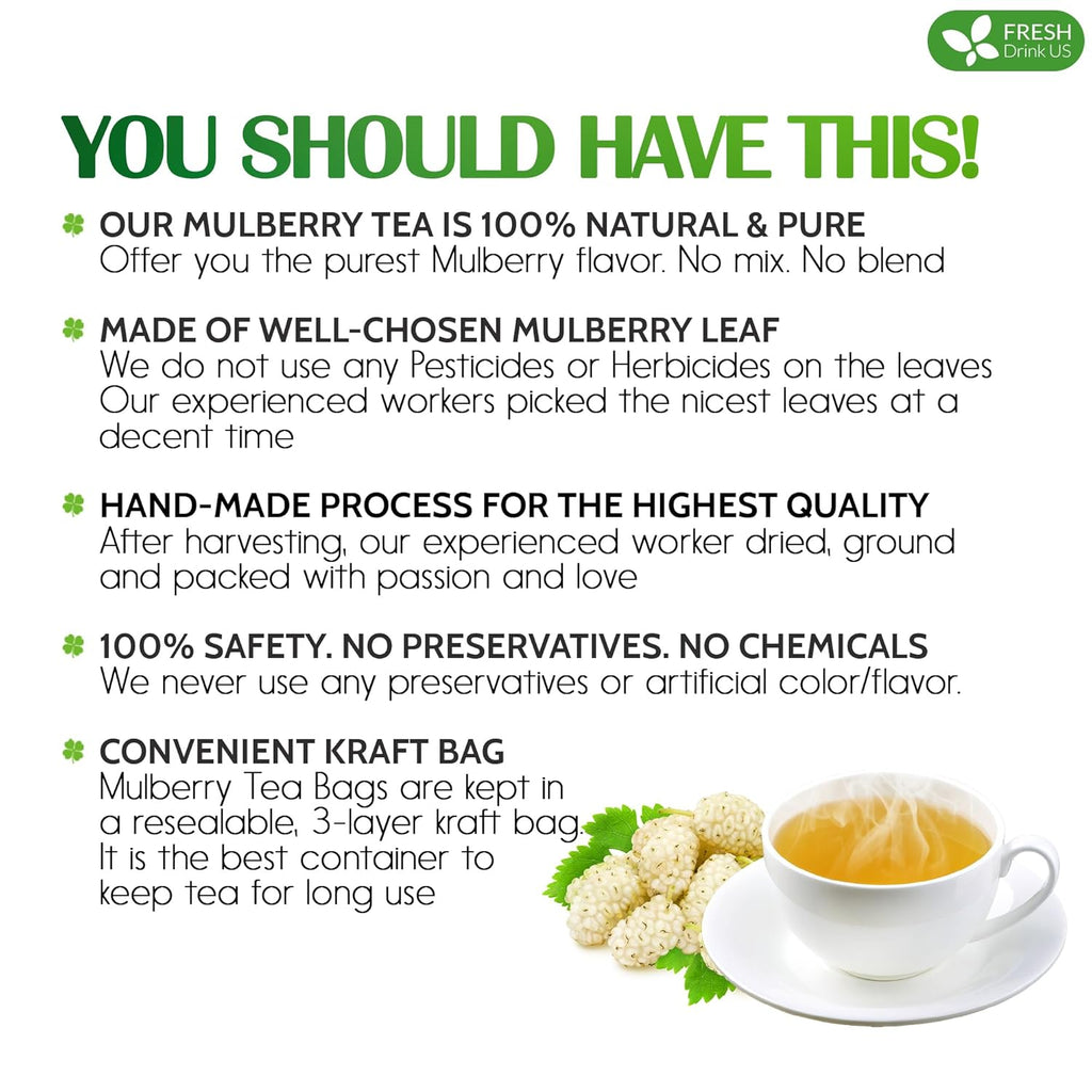 FreshDrinkUS Premium 75 Mulberry Leaf Tea Bags, 100% Natural & Pure. Loose Leaf Herbal Tea. Made with Natural Material Tea Bags. No Sugar, No Caffeine, No Gluten, Vegan