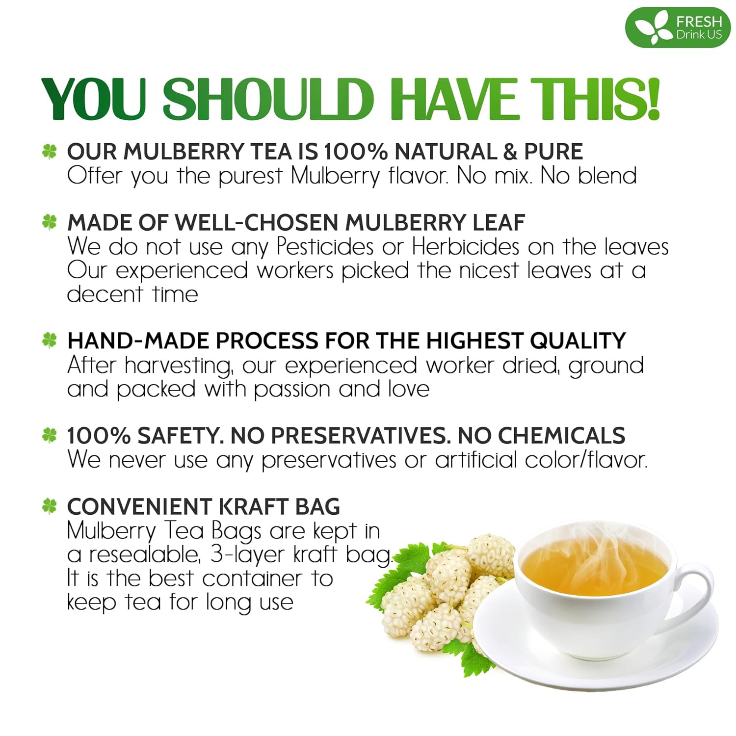 FreshDrinkUS Premium Mulberry Leaf Tea - 50 Bags, 100% Natural & Pure. Loose Leaf Herbal Tea. Natural Material Tea Bags. No Sugar, Caffeine, Gluten. Vegan.