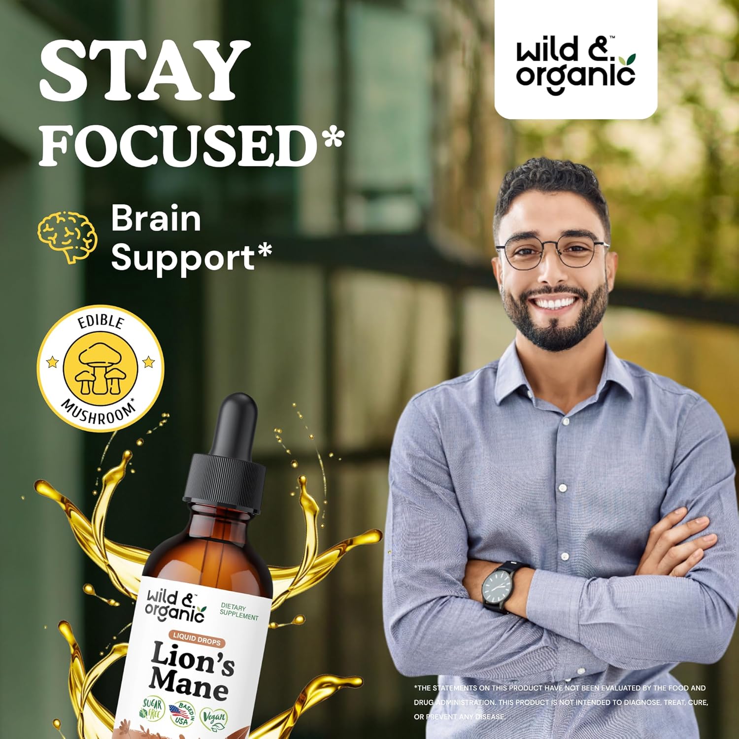 Wild & Organic Lions Mane Liquid Drops - Focus & Brain Support - Lions Mane Supplement - Hericium Erinaceus Mushroom Extract Tincture - Vegan, Alcohol & Sugar-Free - 2 fl oz