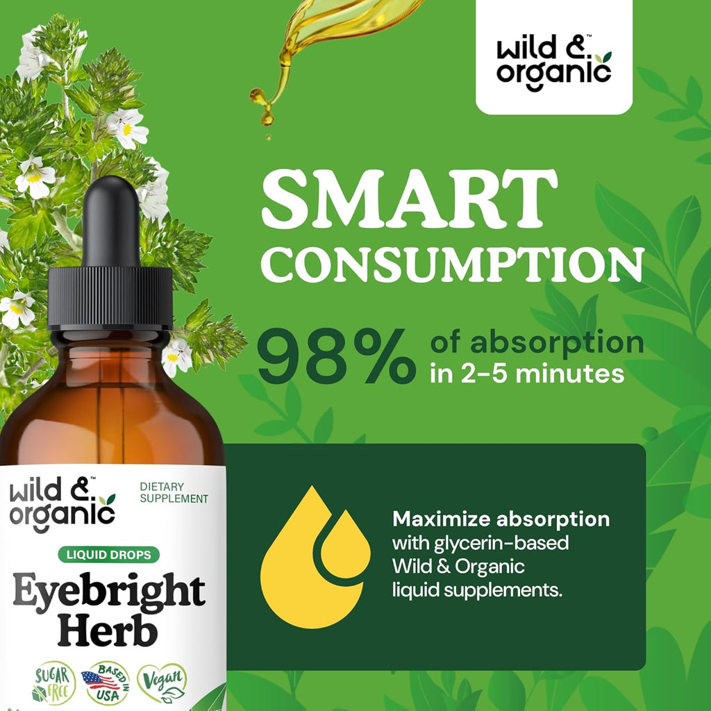 Wild & Organic Eyebright Herb Tincture - Vision Support with Euphrasia Extract - Dietary Eyebright Drops 500 mg - Vegan, Sugar & Alcohol-Free Liquid Supplement - 4 fl oz