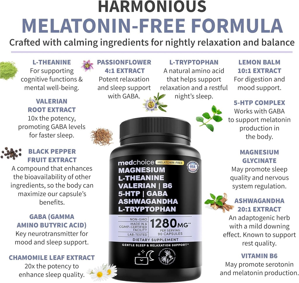 12-in-1 Sleep Support Capsules - Melatonin-Free and Non-Habit Forming Sleep Supplement with a Balanced Blend of Magnesium, Ashwagandha, L-Tryptophan, Valerian Root, GABA and 5-HTP (90 Capsules)