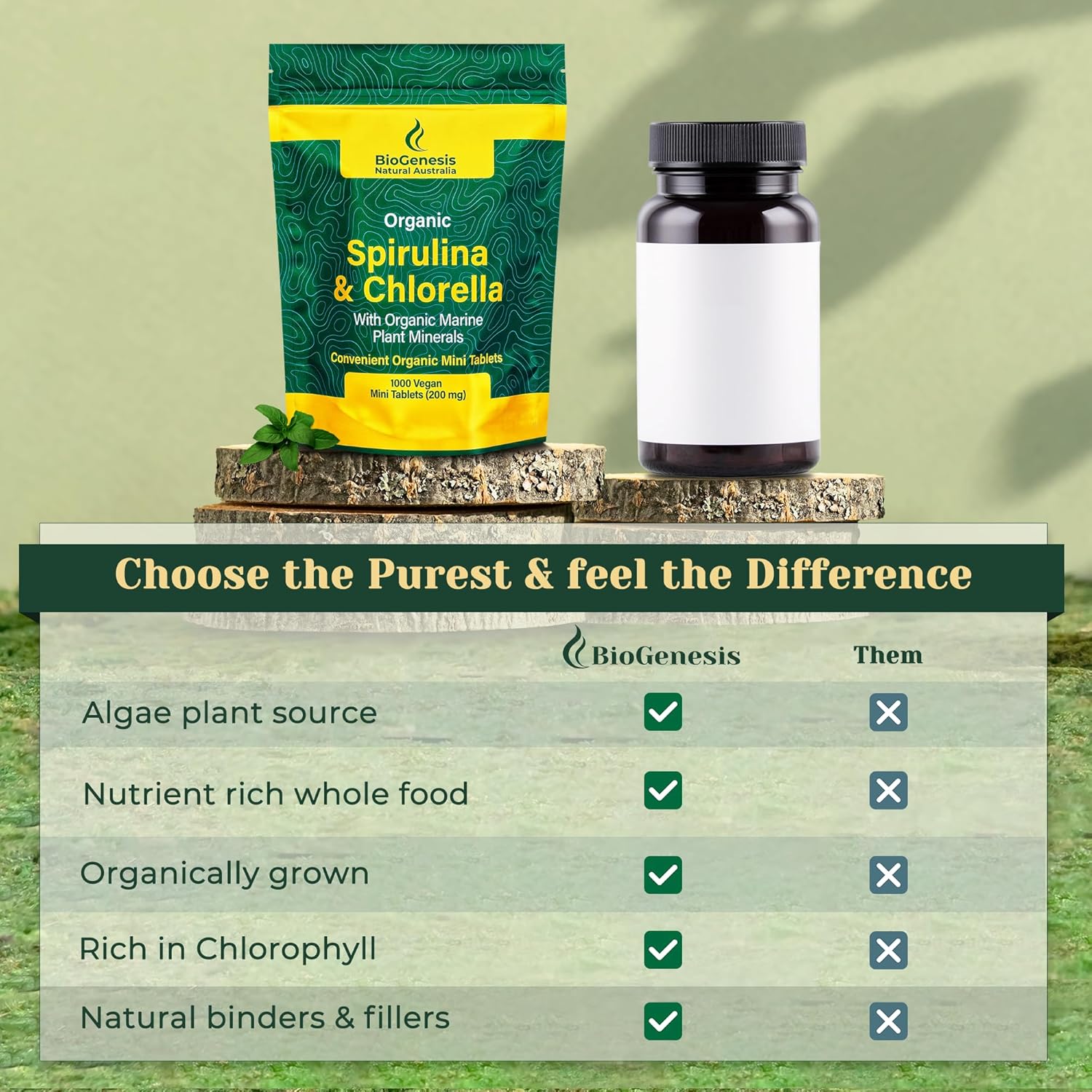 Biogenesis Organic Spirulina, Chlorella & Marine Plant Minerals - 1000 Count (200 mg) | Australian Grown Algae Superfood | Support Energy & Immunity | Vegan Mini Tablets
