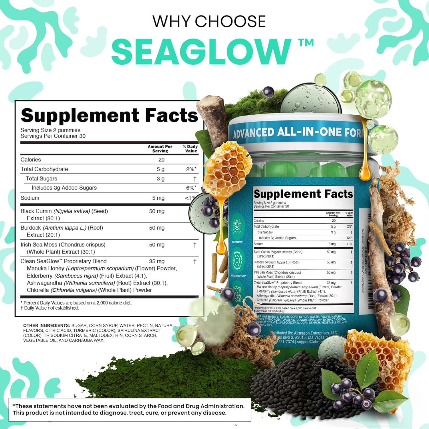 Clean Nutra Sea Moss Gummies Black Seed Oil Chlorella Ashwagandha Root Hair Growth Skin Glow Irish Sea Moss Elderberry Burdock Manuka Honey Trace Minerals Detox 60 Gummy Vitamins Sea Glow Supplement