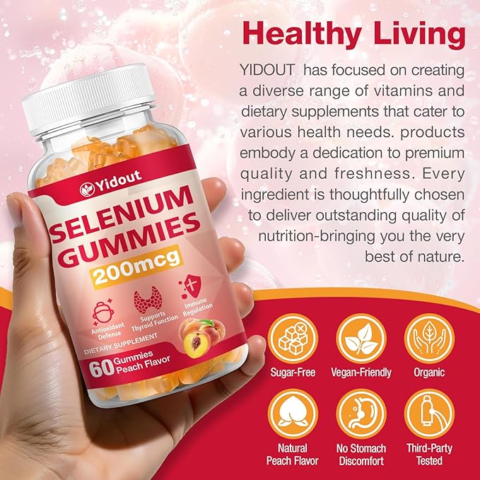 Selenium Supplement for Thyroid Support Gummies 200mcg as Energy Booster for Women and Men, Peach Flavor (60 Count（Pack of 2)