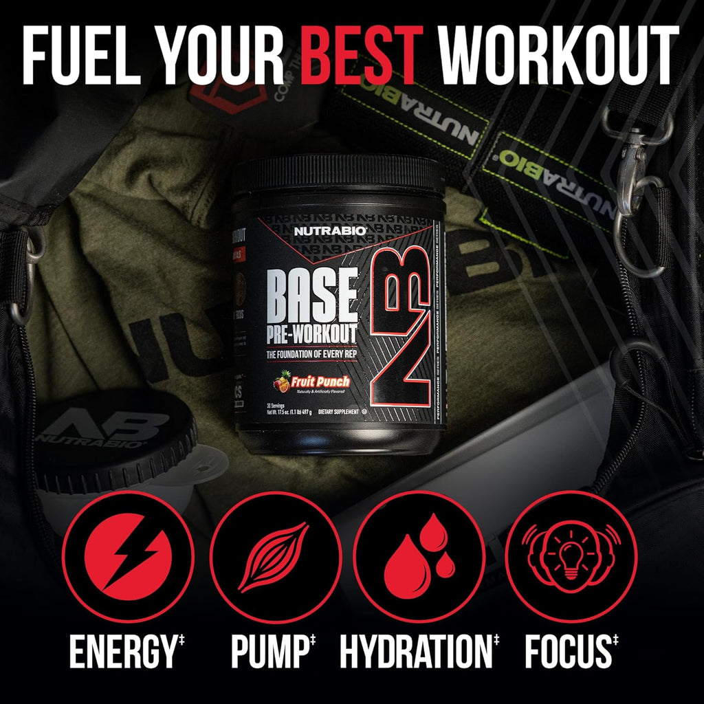 NutraBio Base Pre-Workout Powder 200mg Caffiene, Sustained Energy, Focus, Endurance, Pump, Sugar Free, Clean Preworkout for Men and Women - Beta Alanine, L-Tyrosine, 30 Servings - Fruit Punch