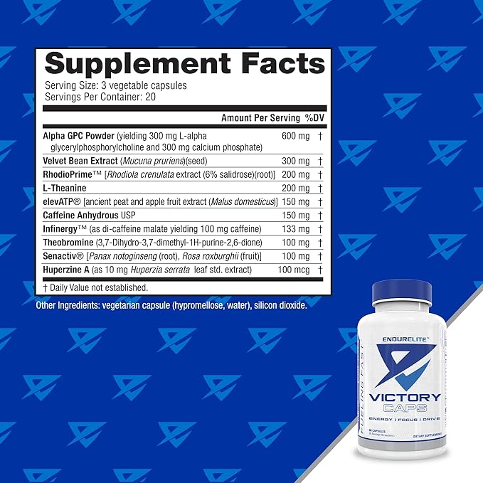 EndurElite Victory Caps - Pre Workout for Endurance & Strength, Crossfit and Cross Training, Caffeine and Nootropics - 60 Capsules