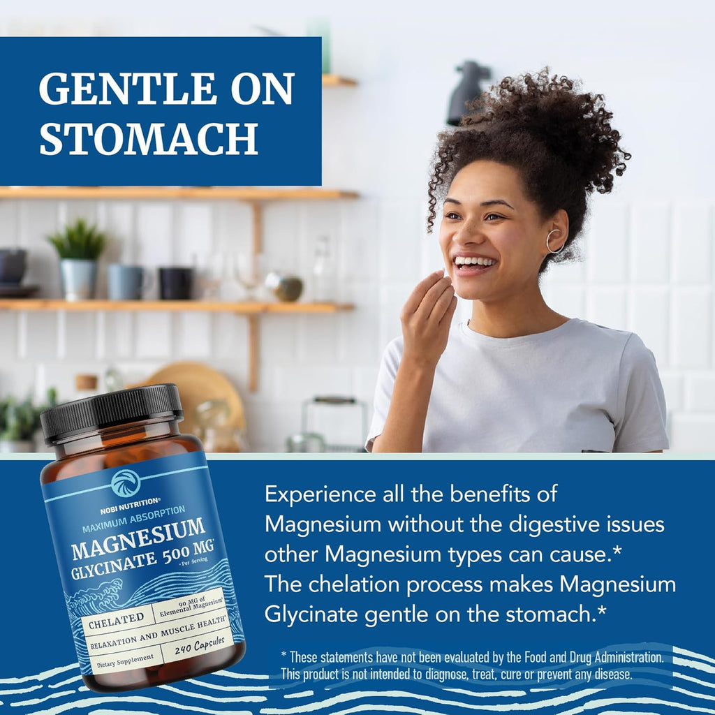 Magnesium Glycinate 500mg | Chelated for High Absorption | Muscle Relaxation, Bones, Heart, Nerve, Sleep & Calm Support for Women & Men | Magnesium Chelate Supplement & Bisglycinate Complex | 240ct