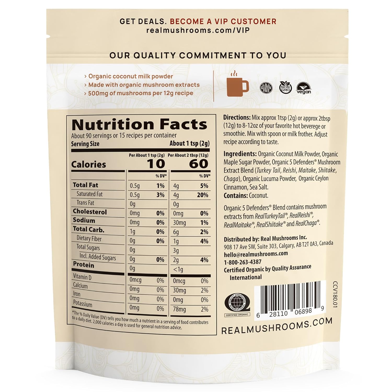 Real Mushrooms Functional Coconut Creamer with Reishi, Lucuma & Ceylon Cinnamon – Organic, Dairy-Free – Vegan Coffee Creamer for Smoothies & Drinks – 90 Servings Organic Cream Coconut Powder