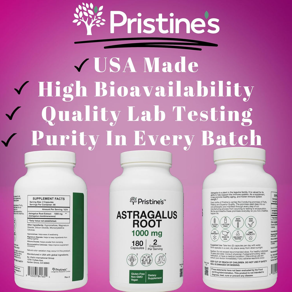 PRISTINE'S Astragalus Root Immune Support Supplement Capsules -1000mg 90 Day Supply Herbal Adaptogen - Healthy Aging, Heart & Lung Health