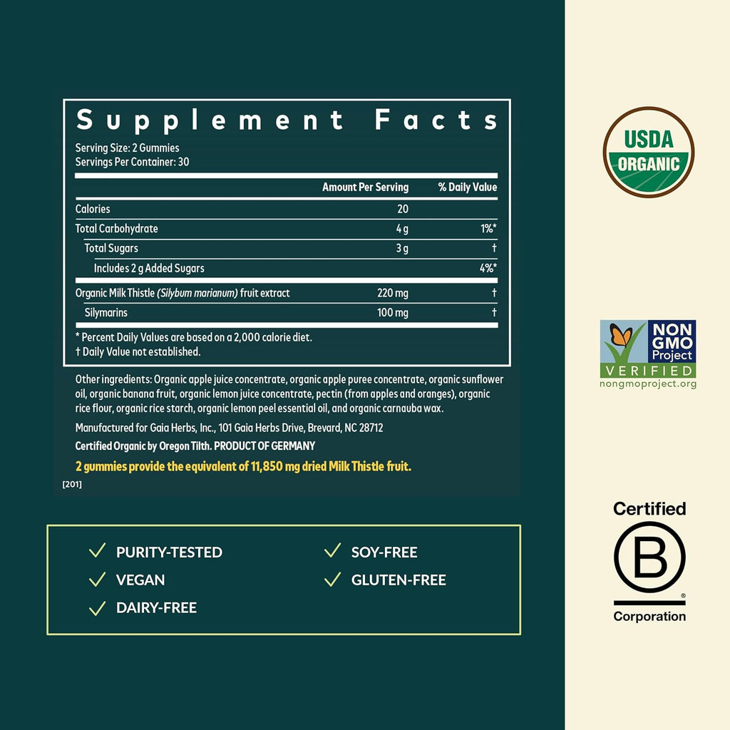Gaia Herbs Milk Thistle Gummies - Herbal Supplement with Antioxidant Properties for Liver Health & Liver Detox - Lemon Flavored - 60 Vegan Gummies
