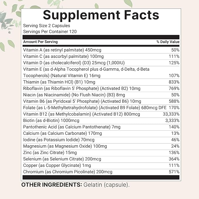 Micro Ingredients Pure Methylated Multivitamin, 240 Capsules | 19-in-1 Formula with Vitamins C, D, B12, Folate, Magnesium, Zinc & More | Filler Free, Non-GMO