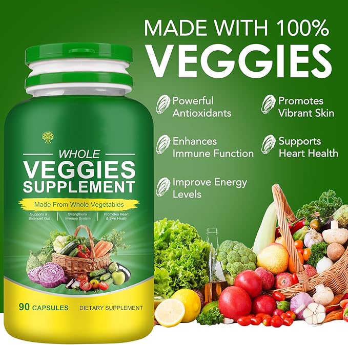 Fiber Fruit and Veggies Supplement, Natural Fruits and Vegetables Supplements Whole Superfood Vitamins & Minerals-90 Veggie and 90 Fruit Capsules for Enhance Immunity, Balanced Gut, Energy Levels