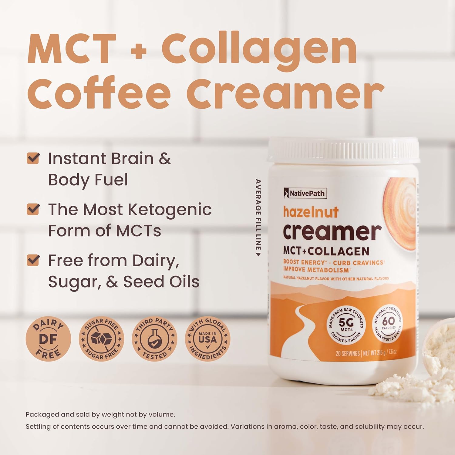 NativePath Keto Coffee Creamer Powder Hazelnut — Keto-Friendly, Non-Dairy & Low Sugar Creamer. Made with Grass-fed Collagen Protein Powder, MCT Oil & Monk Fruit. Soy & Gluten Free (7.6OZ)