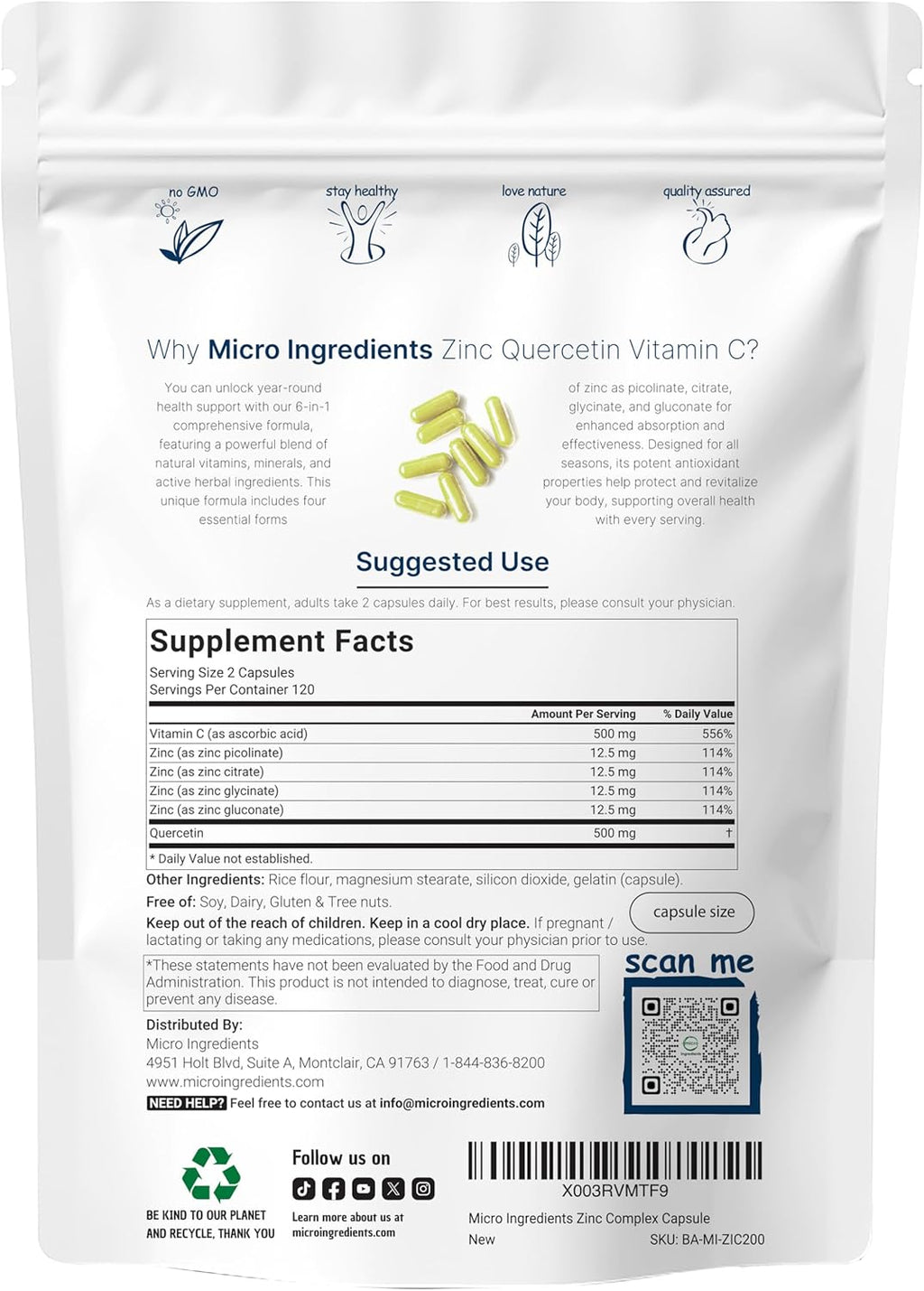 Micro Ingredients Quercetin with Vitamin C and Zinc, 240 Capsules | Quercetin 500mg, Vitamin C 500mg, Zinc 50mg (Picolinate, Citrate, Glycinate, Gluconate) | Complete Immune Support Supplements