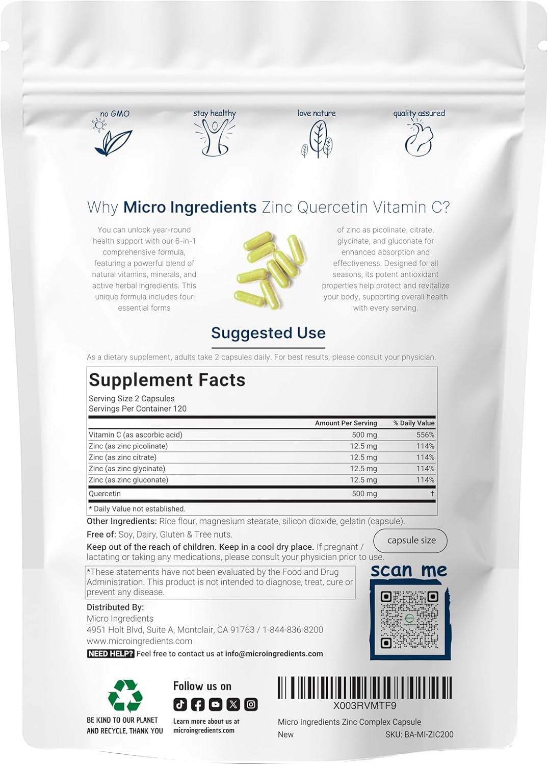 Micro Ingredients Quercetin with Vitamin C and Zinc, 240 Capsules | Quercetin 500mg, Vitamin C 500mg, Zinc 50mg (Picolinate, Citrate, Glycinate, Gluconate) | Complete Immune Support Supplements