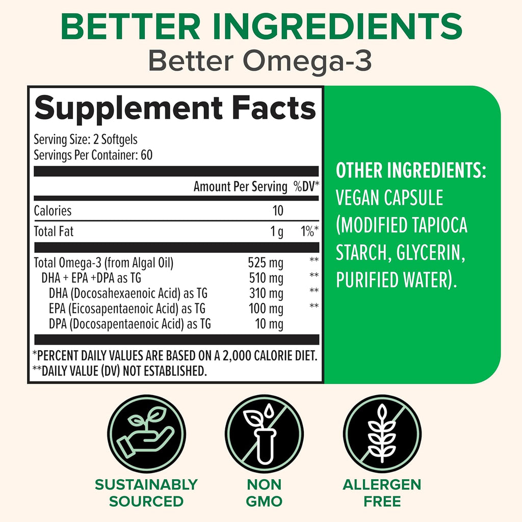 Zenwise Health Vegan Omega 3 Supplement - Burpless Omega 3 Supplement with DHA, EPA & DPA Fatty Acids for Immune Health - Fish Oil Alternative from Sustainably Sourced Marine Algae Oil - 120 Softgels